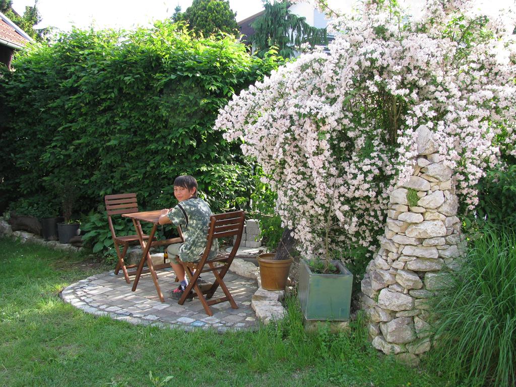 Perlmuttstrauch, Jurazahn und kleiner Sitzplatz